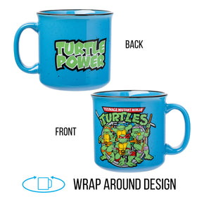 Close-up of Turtle Power artwork on the mug, perfect gift for fans