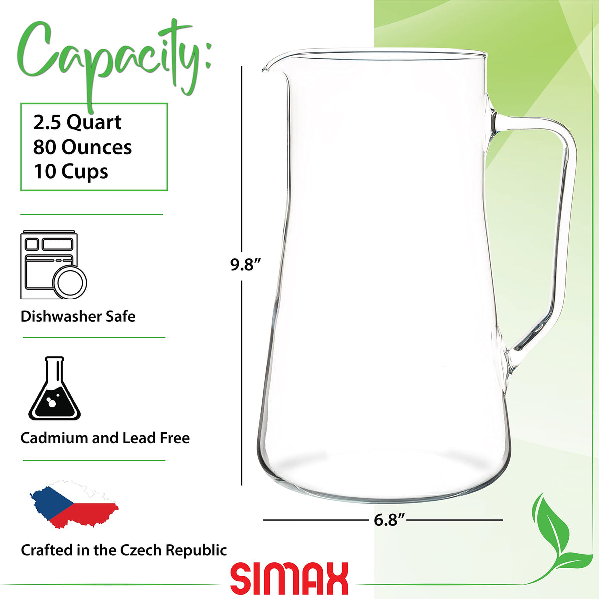 SIMAX borosilicate 80-ounce pitcher highlights clarity and durability