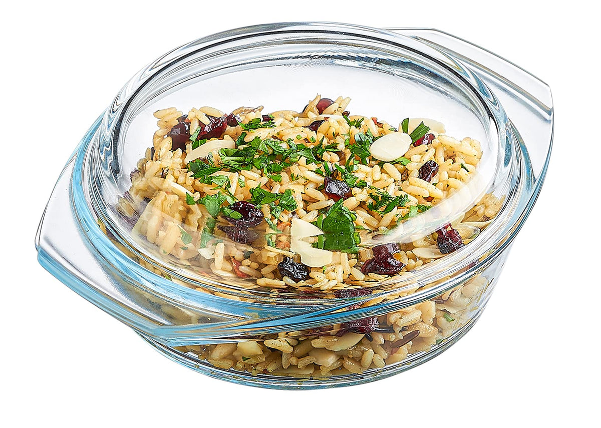 SIMAX casserole dish with lid showing 24-ounce capacity for convenient serving.