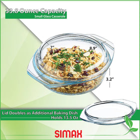 SIMAX glass casserole dish for serving; clear glass highlights colorful dishes.
