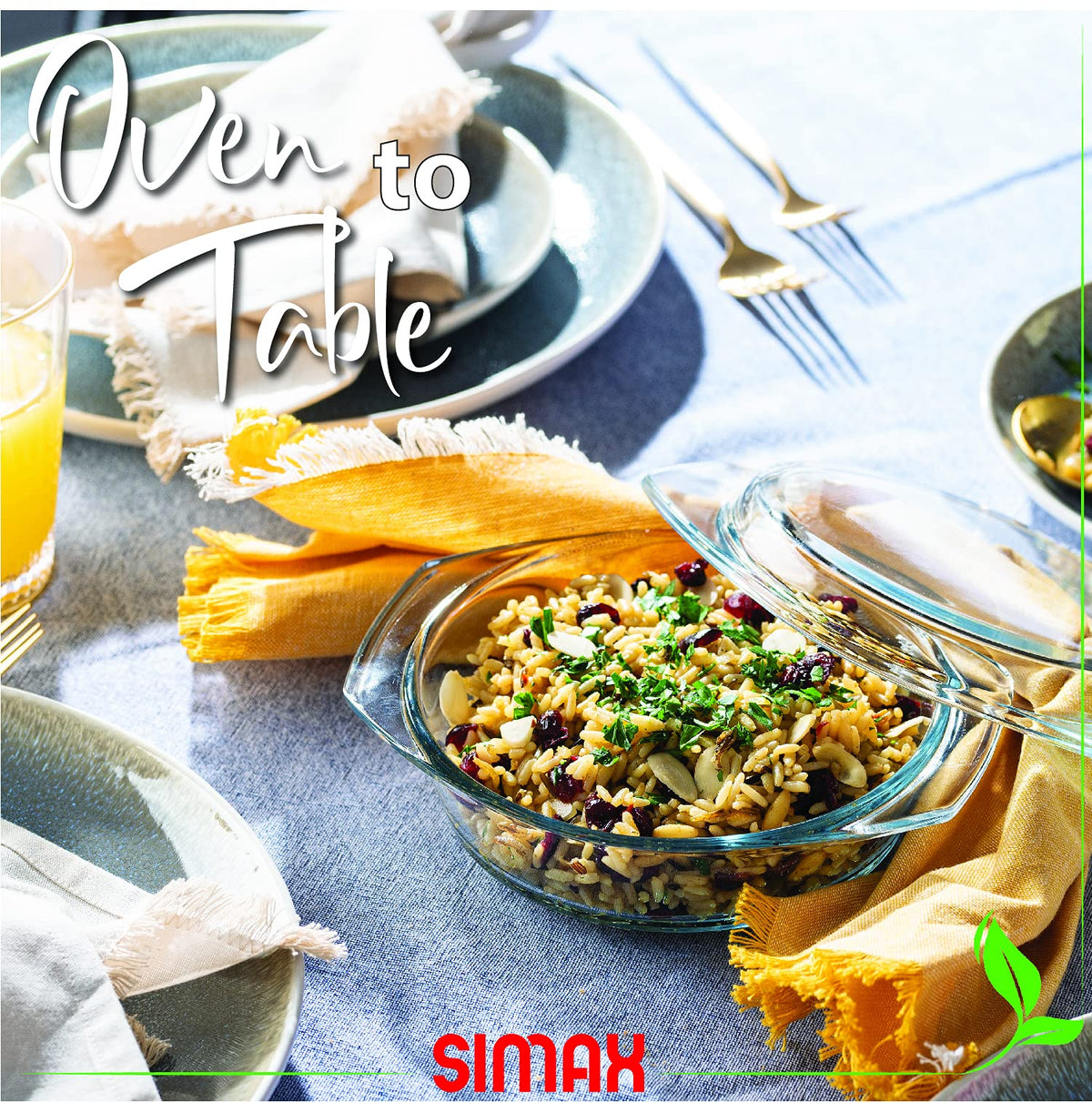 SIMAX glass casserole dish side view; elegant oven-to-table presentation.