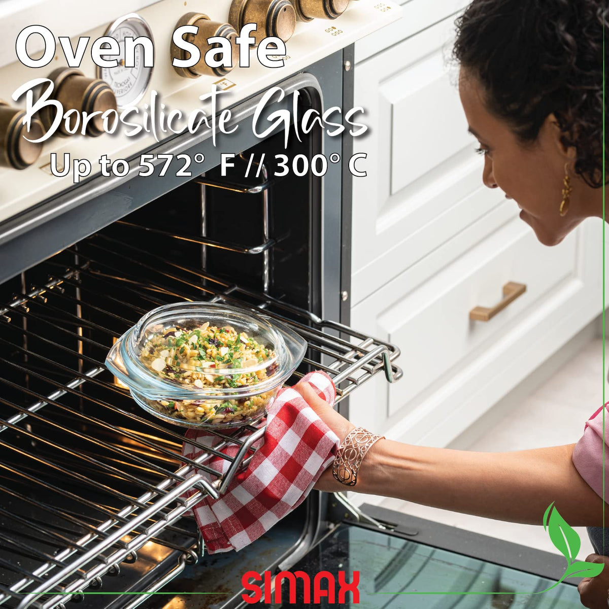 SIMAX round glass casserole in oven-safe design ideal for direct-to-table service.
