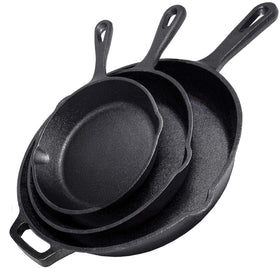 Simple Chef 12-inch cast iron skillet pours evenly for searing and browning.