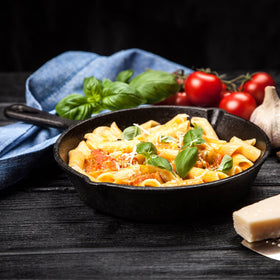 Simple Chef skillet set is oven-ready for versatile cooking from stove to campfire.