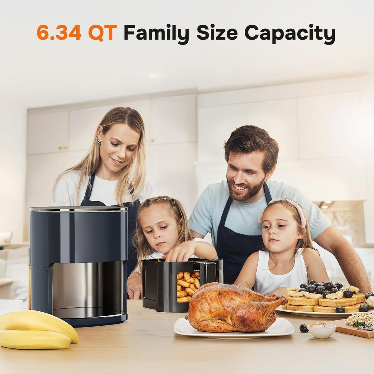 Simple Deluxe 12-in-1 air fryer digital display to select presets for faster cooking.