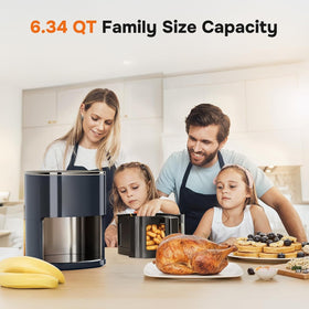 Simple Deluxe 12-in-1 air fryer digital display to select presets for faster cooking.