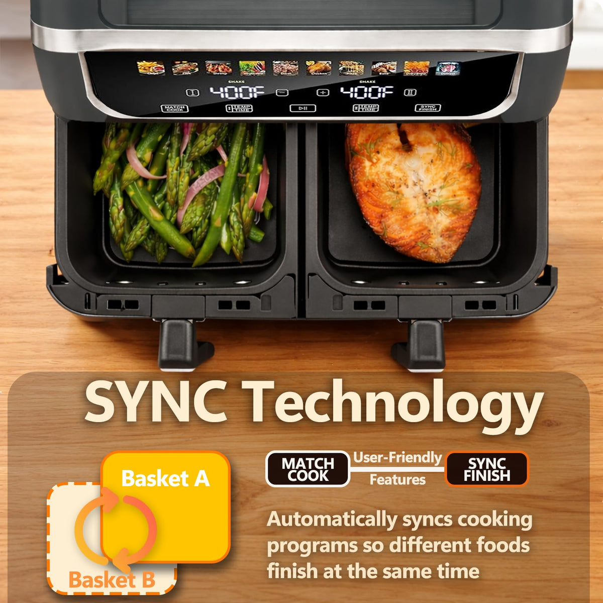 Simple Deluxe 450°F heat enables quick preheating and crispy exterior on dishes.