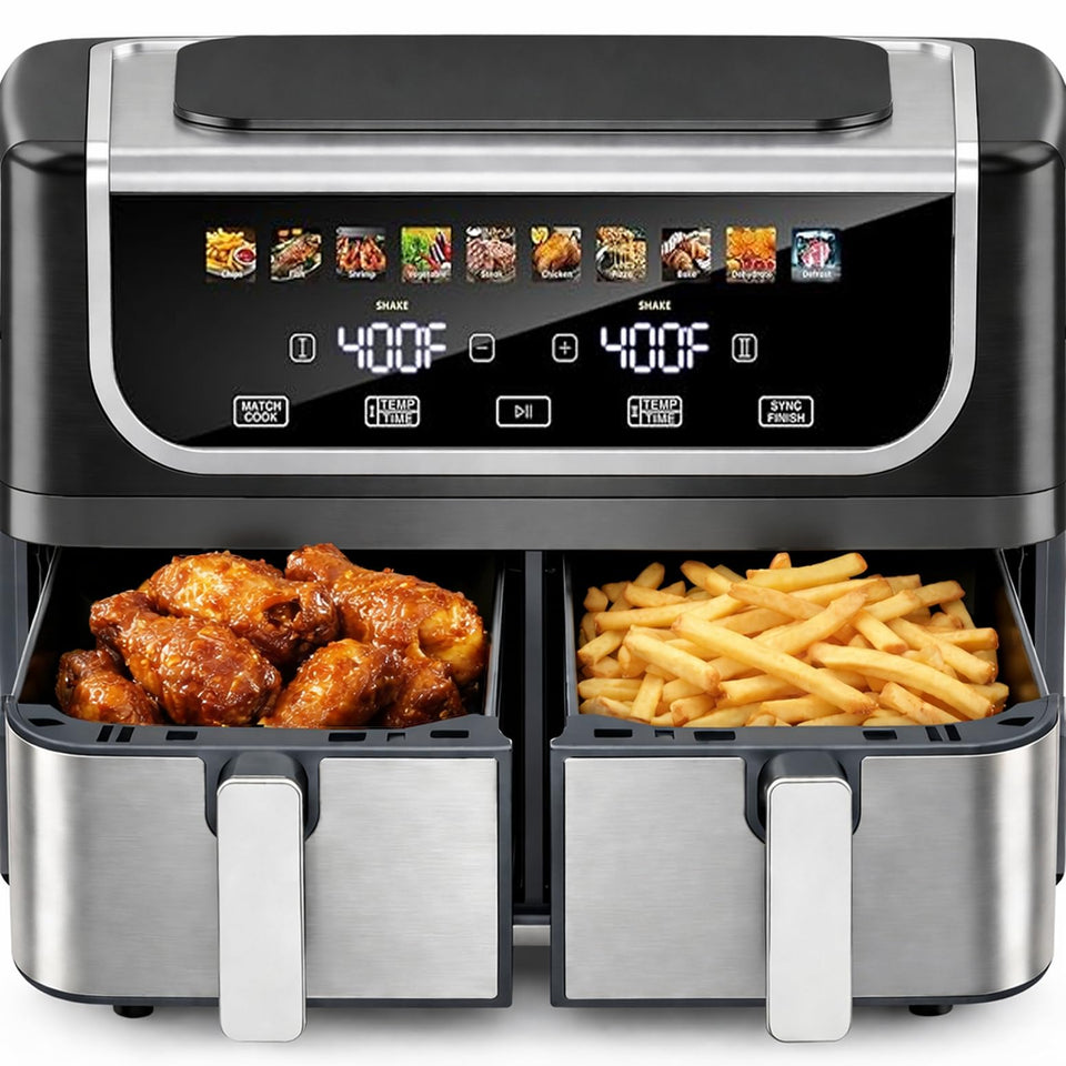Simple Deluxe dual-basket air fryer front view, compact and versatile for modern kitchens