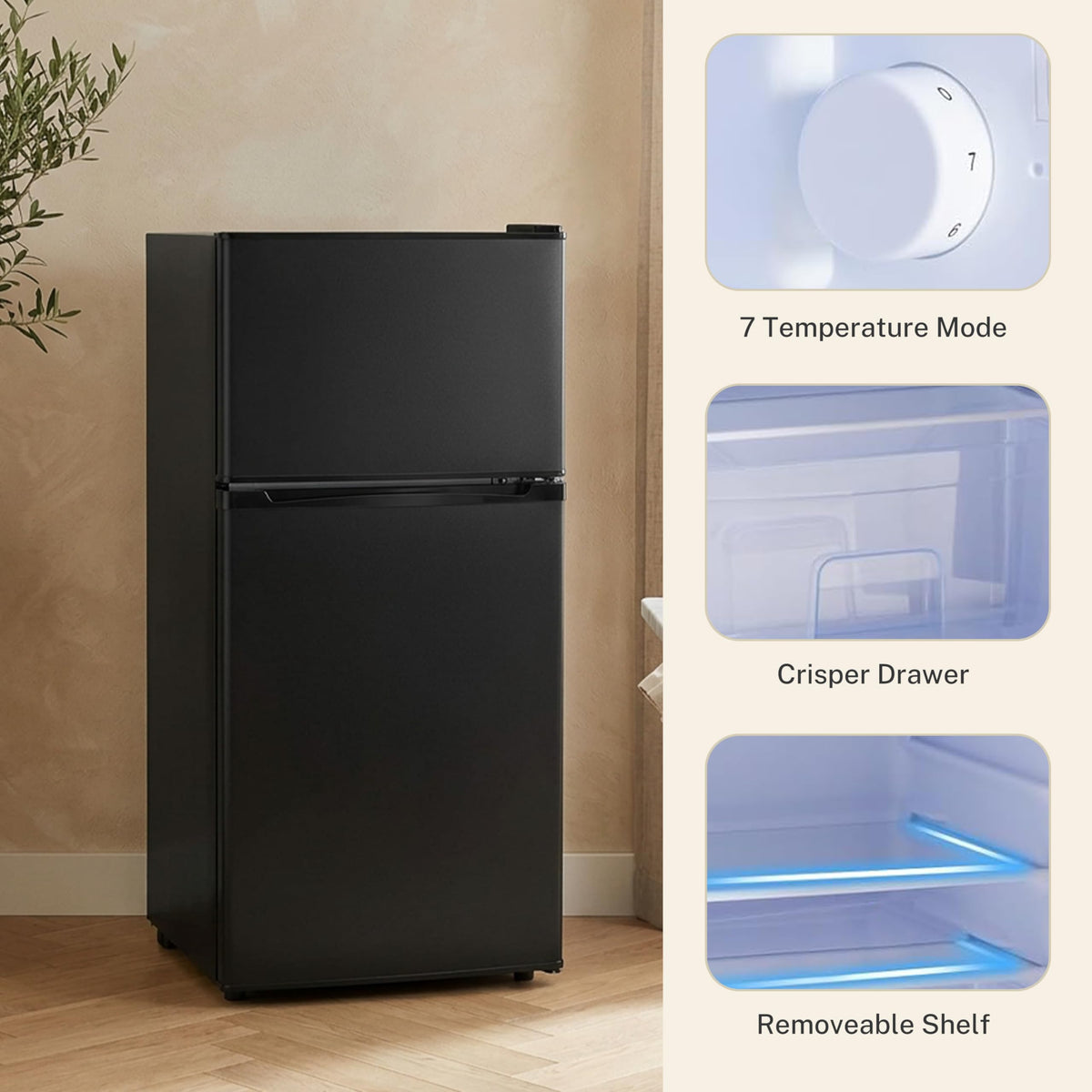 Simple Deluxe mini fridge door bins provide easy access to drinks and snacks.