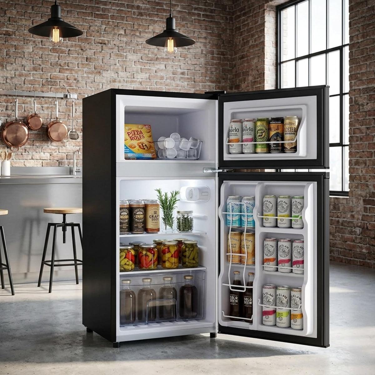 Simple Deluxe mini fridge dorm layout saves space for dorm living.