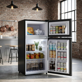 Simple Deluxe mini fridge dorm layout saves space for dorm living.