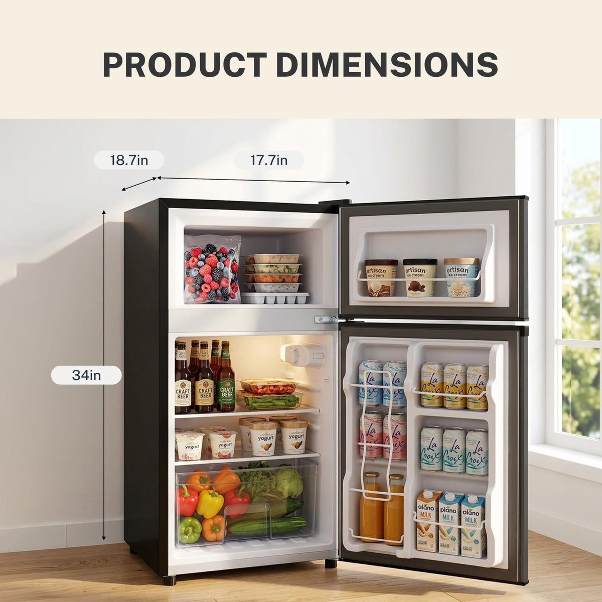 Simple Deluxe mini fridge freezer compartment keeps frozen items within reach.