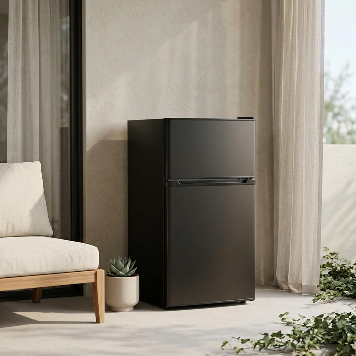 Simple Deluxe mini fridge office desk setup keeps lunch and drinks close.