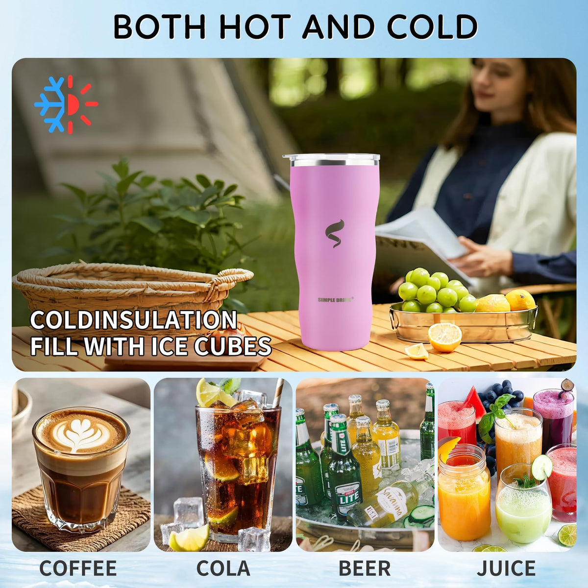 SIMPLE DRINK 20oz tumbler beach scene emphasizes leak-proof travel for outdoor adventures