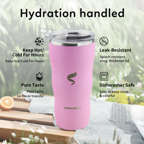 SIMPLE DRINK 20oz tumbler stainless steel closeup shows 18/8 material and rust-free design for durable everyday use