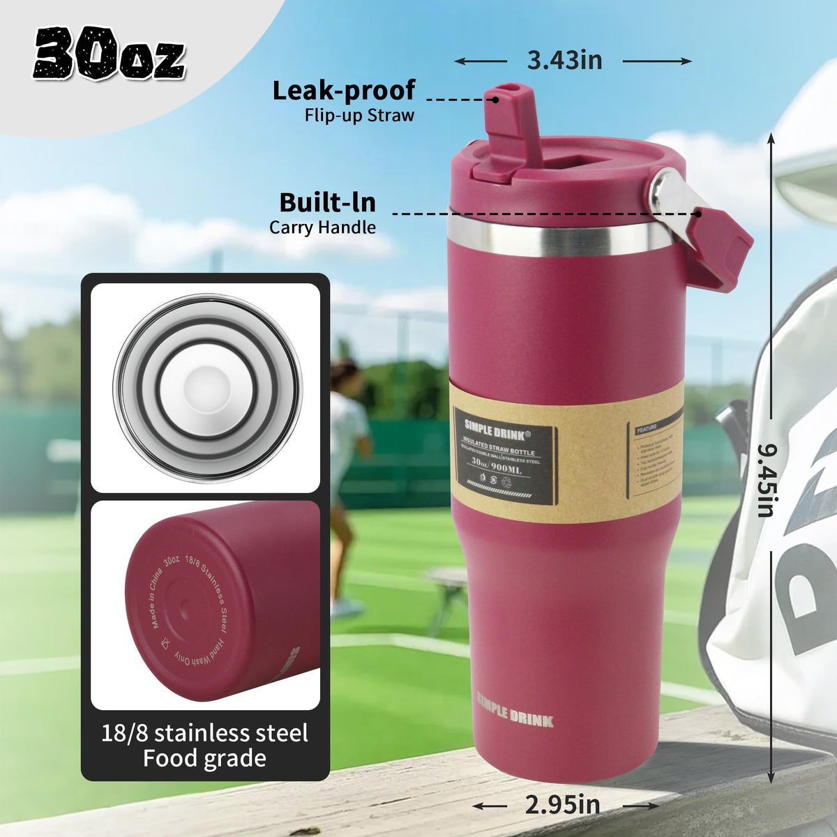 SIMPLE DRINK 30oz bottle with handle enables easy transport throughout the day.