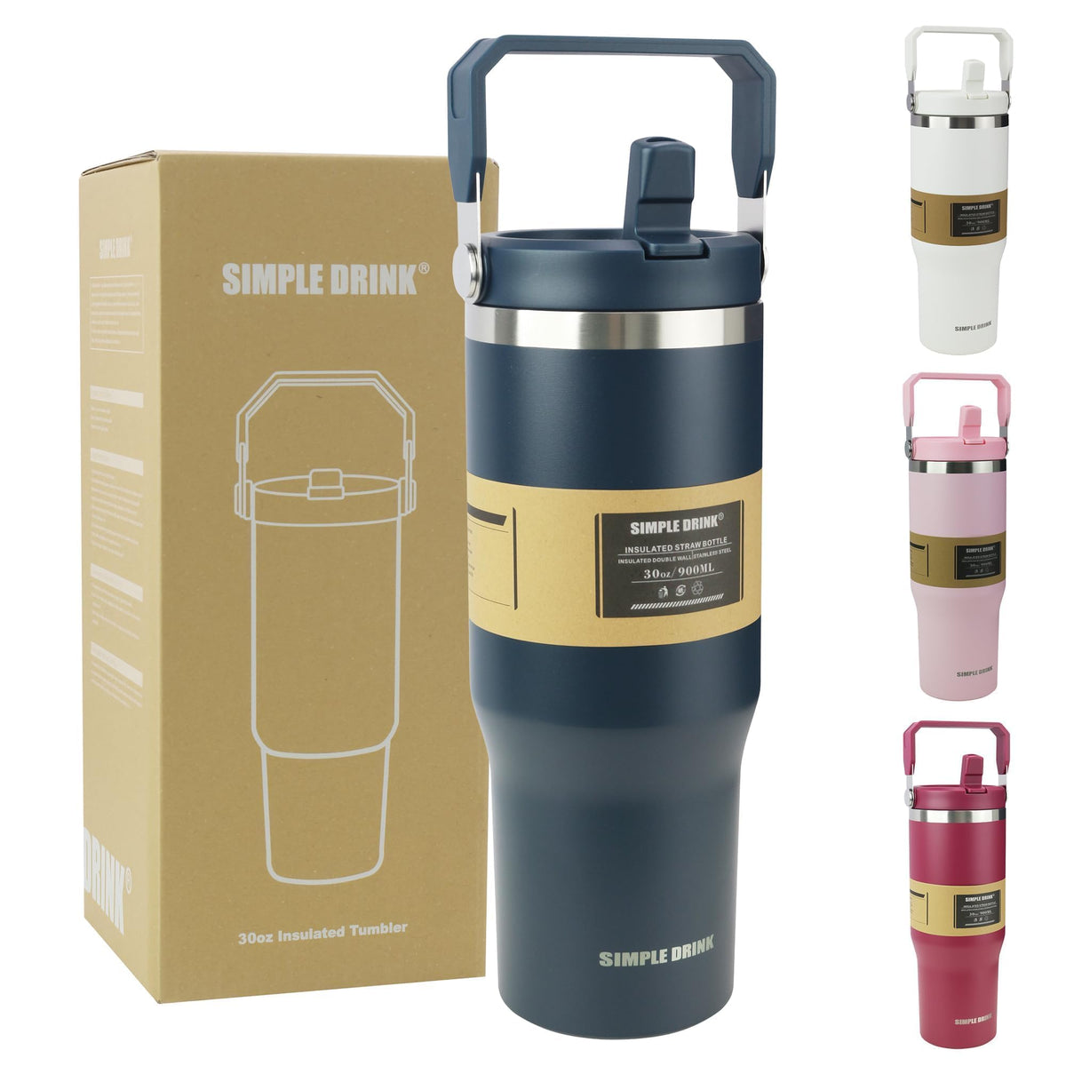 SIMPLE DRINK 30oz flip-straw bottle keeps drinks cold on the go.
