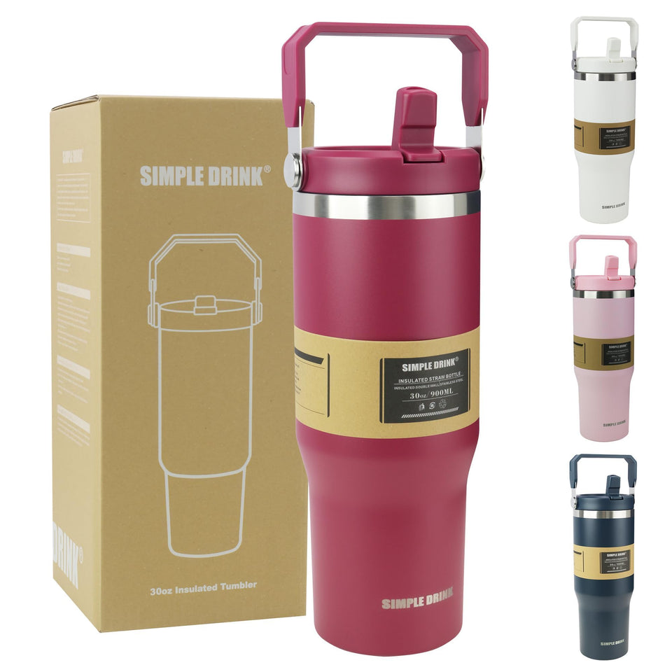 SIMPLE DRINK 30oz flip-straw insulated bottle keeps drinks cold on the go.