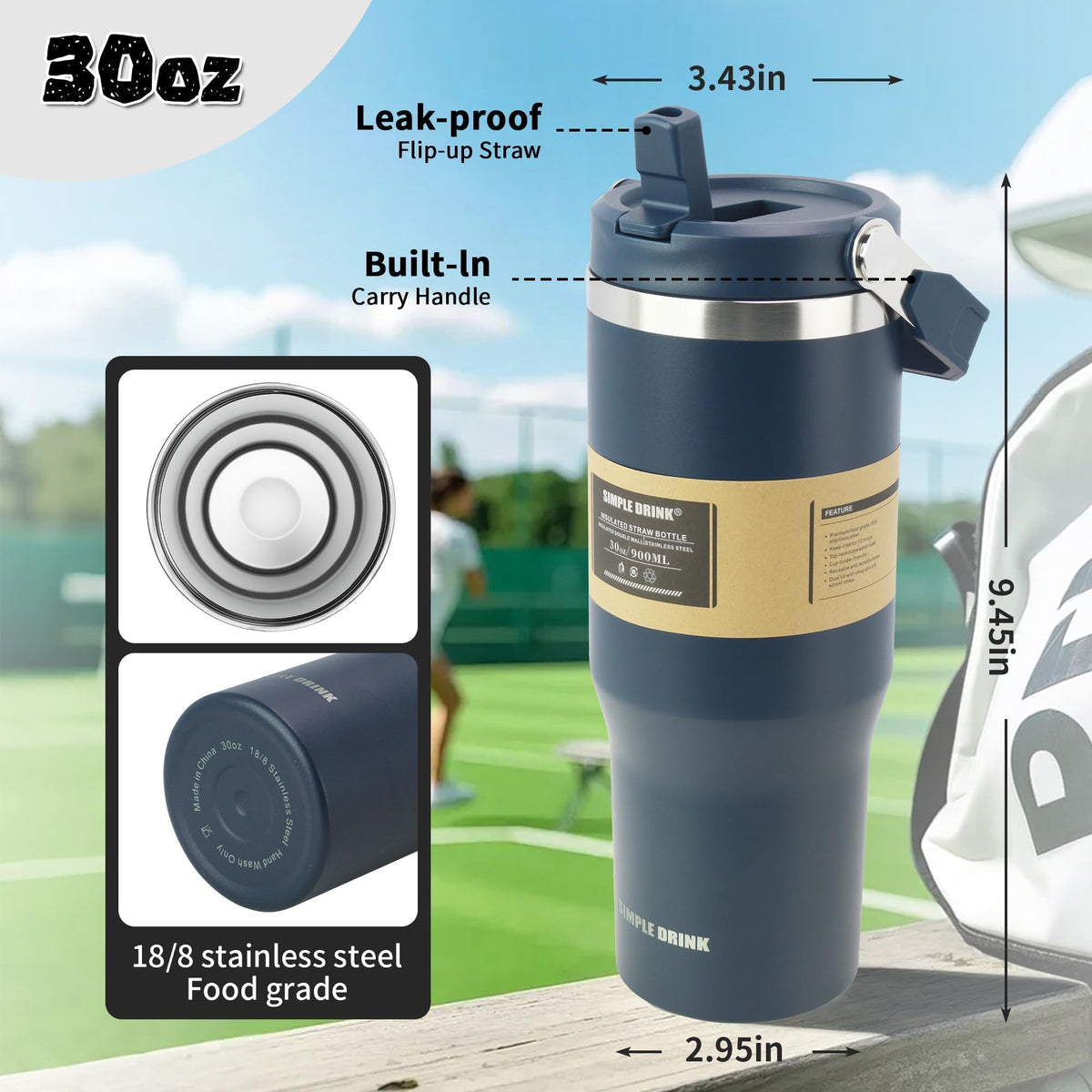 SIMPLE DRINK leak-proof lid prevents spills while commuting or traveling.