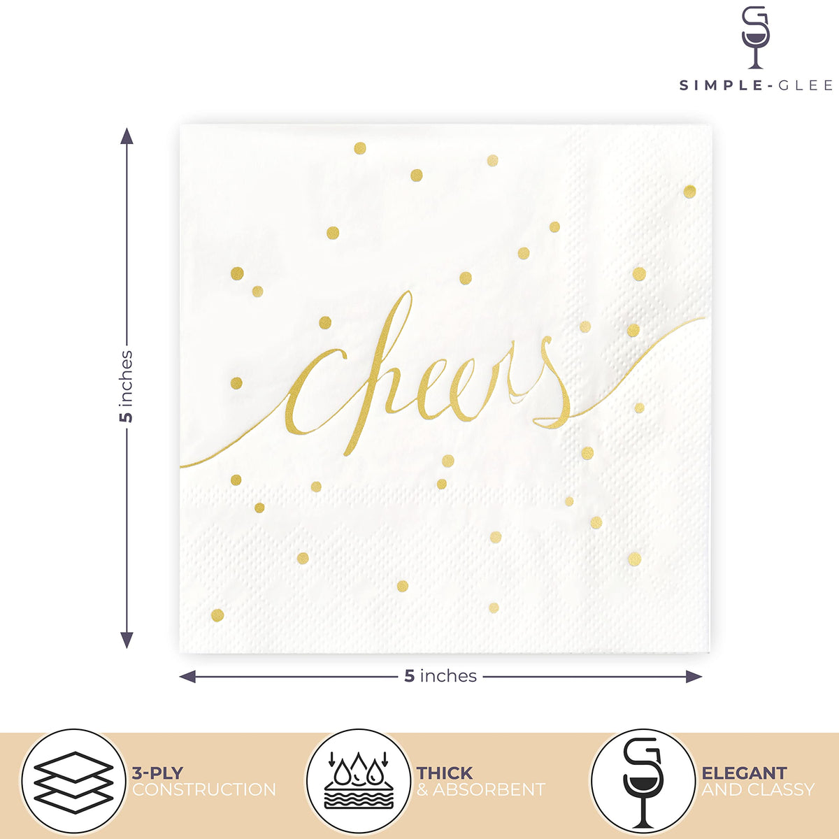 Simple-Glee 3-ply white-gold napkins, absorbent and durable for spills at events.