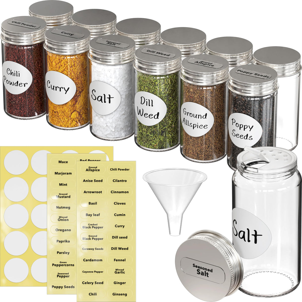 Simple Houseware 12-pack glass spice bottles for organized kitchen storage.
