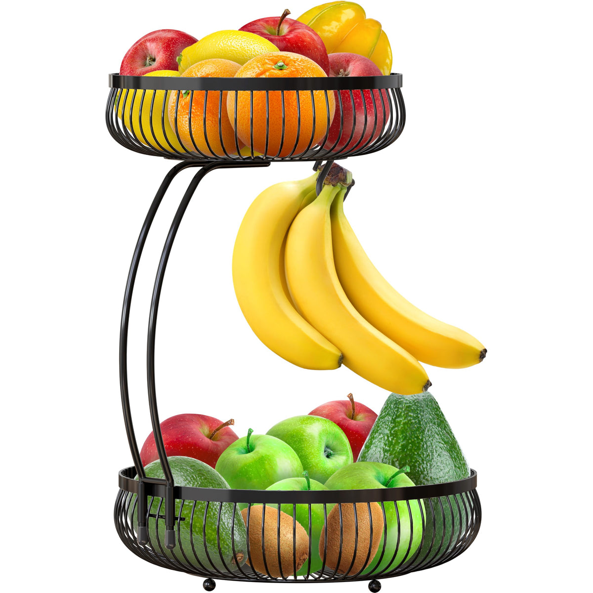Simple Houseware 2-Tier fruit basket with banana hanger in black for organized countertops.