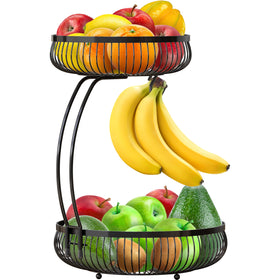 Simple Houseware 2-Tier fruit basket with banana hanger in black for organized countertops.