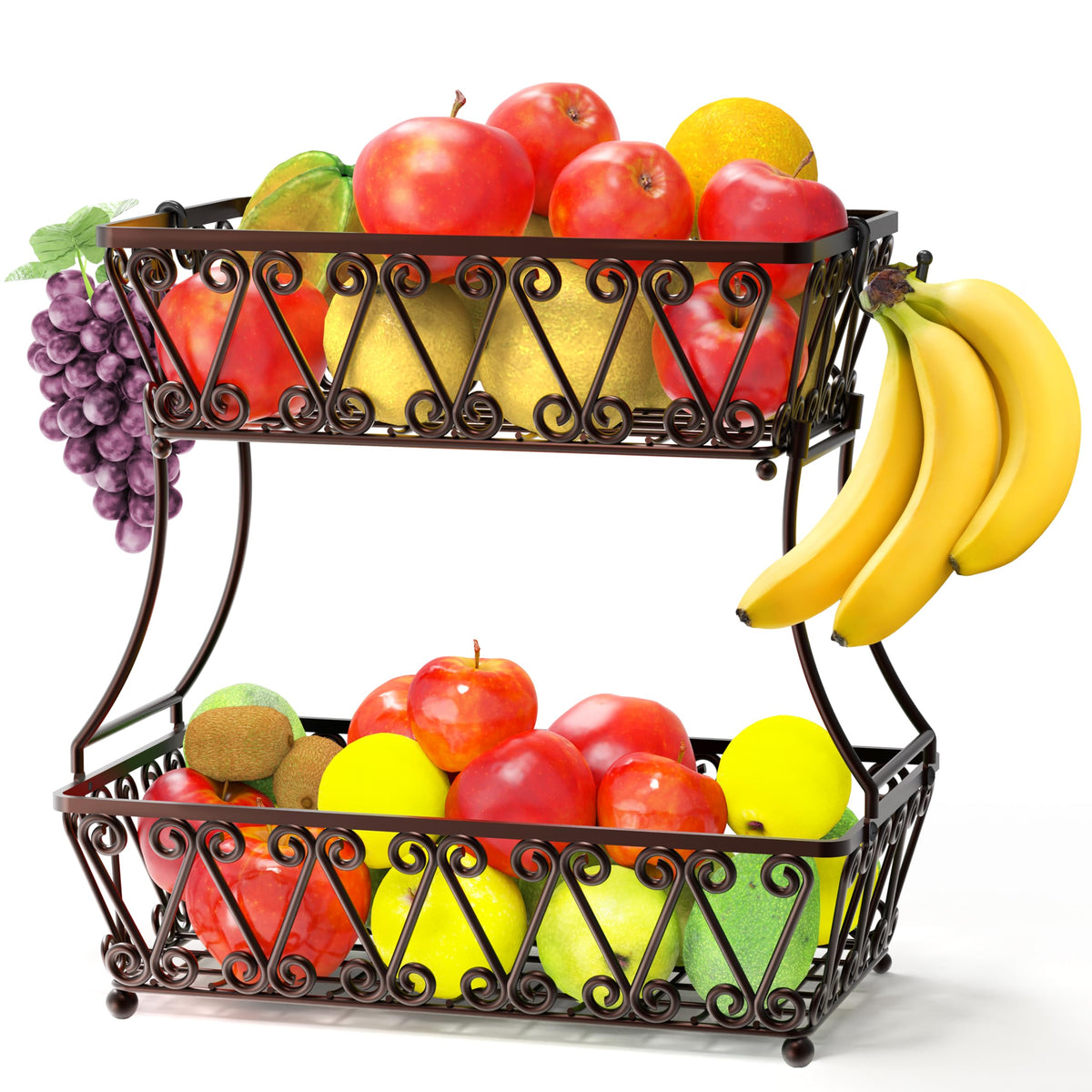 Simple Houseware 2-tier bronze fruit basket on countertop for organized display