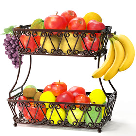 Simple Houseware 2-tier bronze fruit basket on countertop for organized display