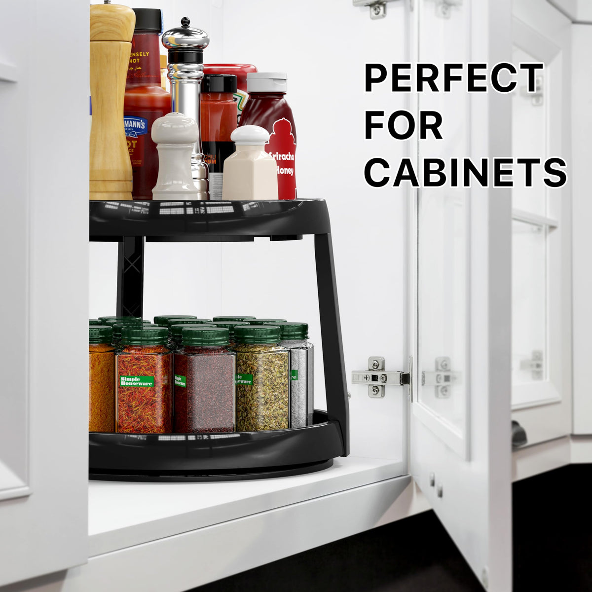 Simple Houseware 2-Tier Lazy Susan versatile for kitchen, pantry, bathroom, or office storage.