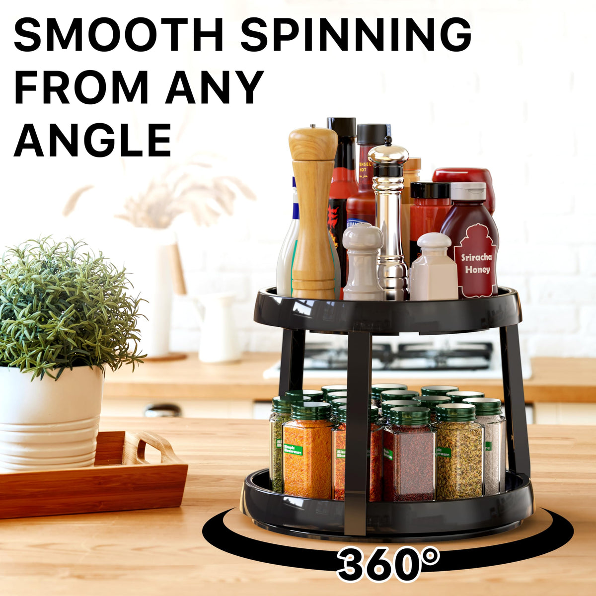 Simple Houseware 2-Tier Lazy Susan skid-proof surface keeps bottles secure during rotation.