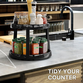 Simple Houseware 2-Tier Lazy Susan tool-free assembly for quick setup.