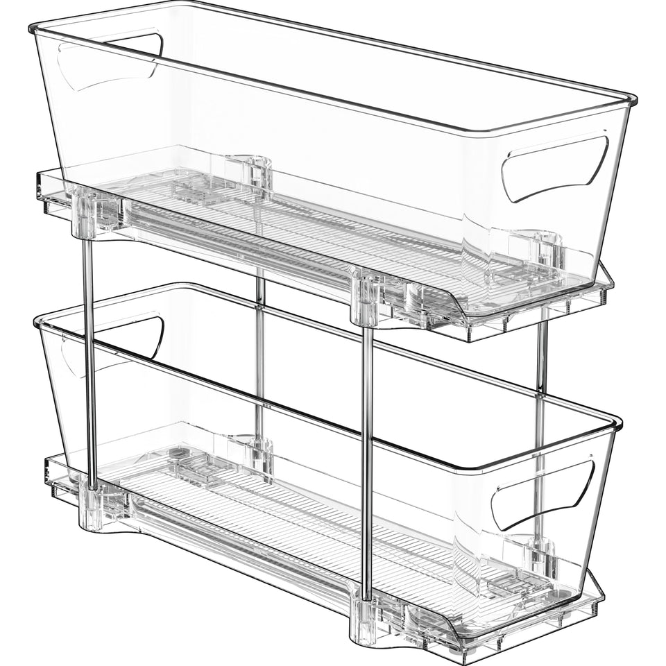 Simple Houseware 2-Tier Narrow Basket Drawer Organizer with clear front, ideal for compact kitchen storage.