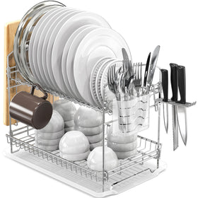 Simple Houseware 2-Tier chrome dish rack organizes plates and bowls efficiently.