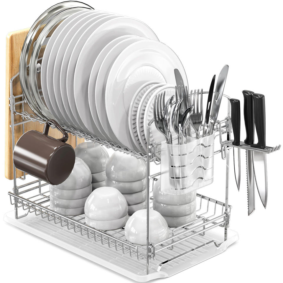 Simple Houseware 2-Tier chrome dish rack organizes plates and bowls efficiently.