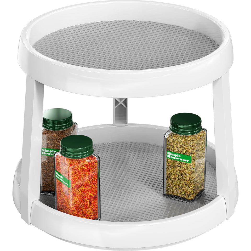 Simple Houseware 2-Tier Lazy Susan overview shows compact storage