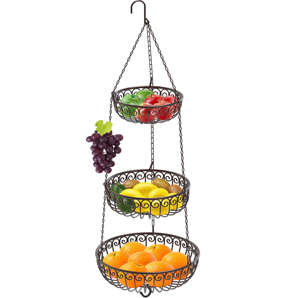 Simple Houseware bronze 3-tier fruit basket top view shows spacious, organized fruit storage.