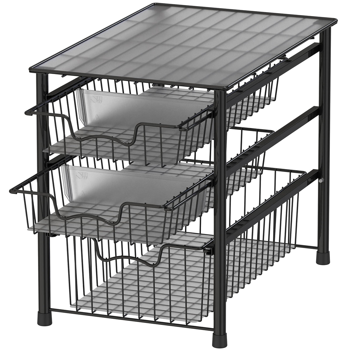 Simple Houseware 3-Tier sliding basket front view for easy access and organized shelves.