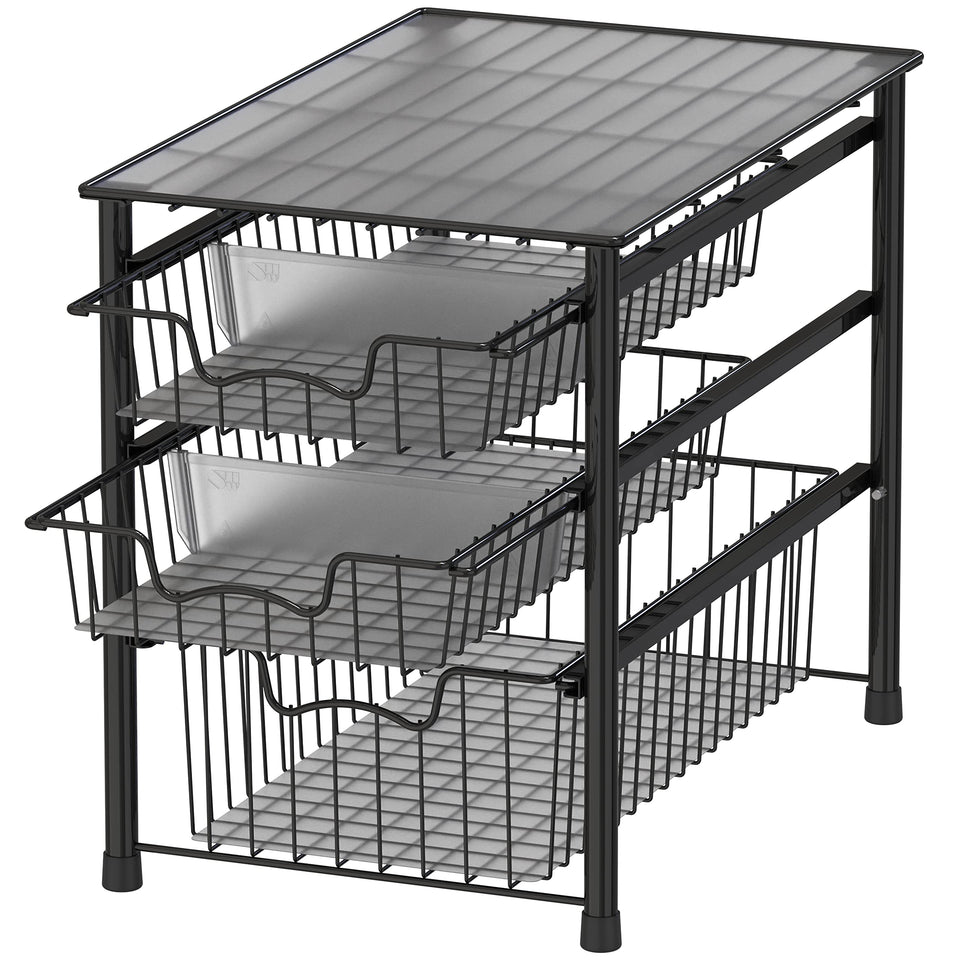 Simple Houseware 3-Tier sliding basket front view for easy access and organized shelves.