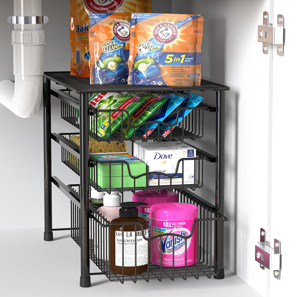 Simple Houseware 3-Tier sliding basket interior with dividers for flexible sorting.