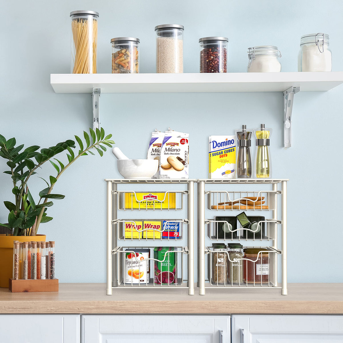 Simple Houseware 3-tier sliding basket in kitchen keeps items organized