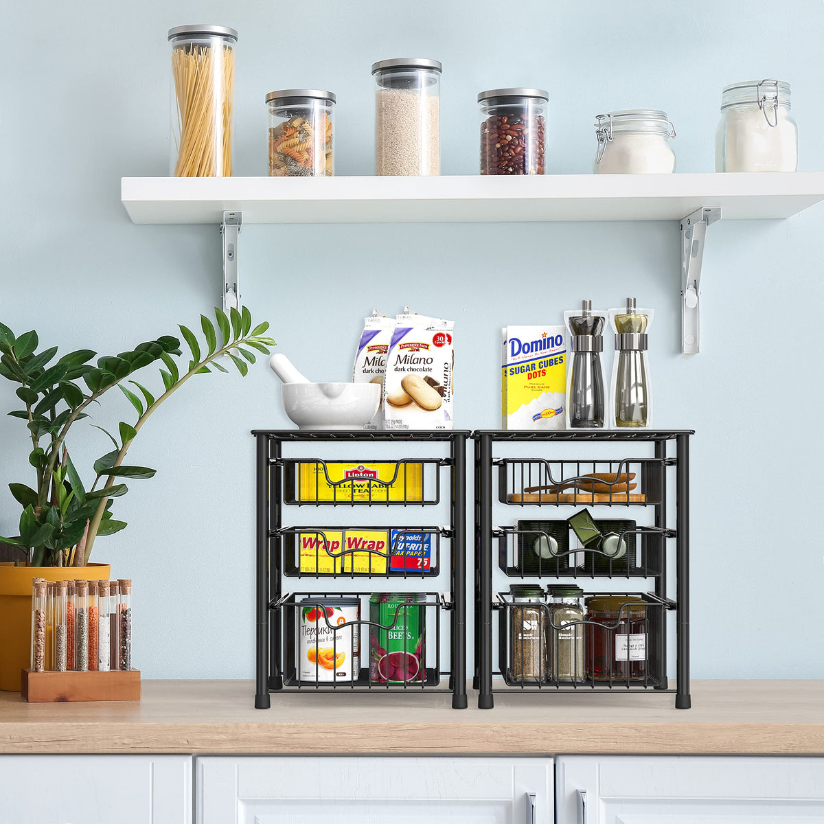 Simple Houseware 3-Tier sliding basket side view highlighting compact, stackable storage.