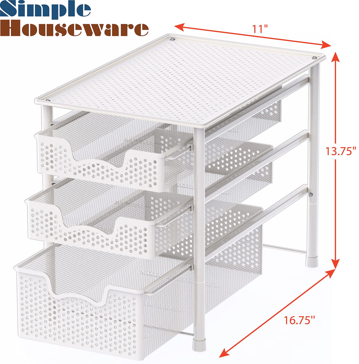 Simple Houseware 3-tier white alloy steel highlights sturdy construction for daily organization.