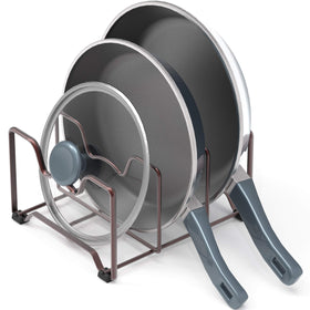 Simple Houseware rack measures 9x7.8x5 inches, fitting compact cabinets.