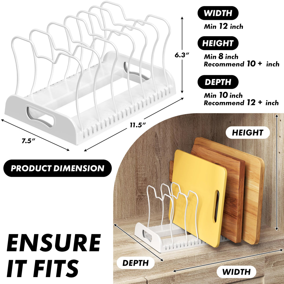 Simple Houseware adjustable dividers allow customizable spacing for lids and pans.