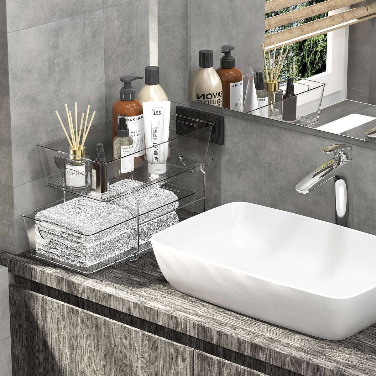Simple Houseware bathroom organizer tray keeps essentials within reach.