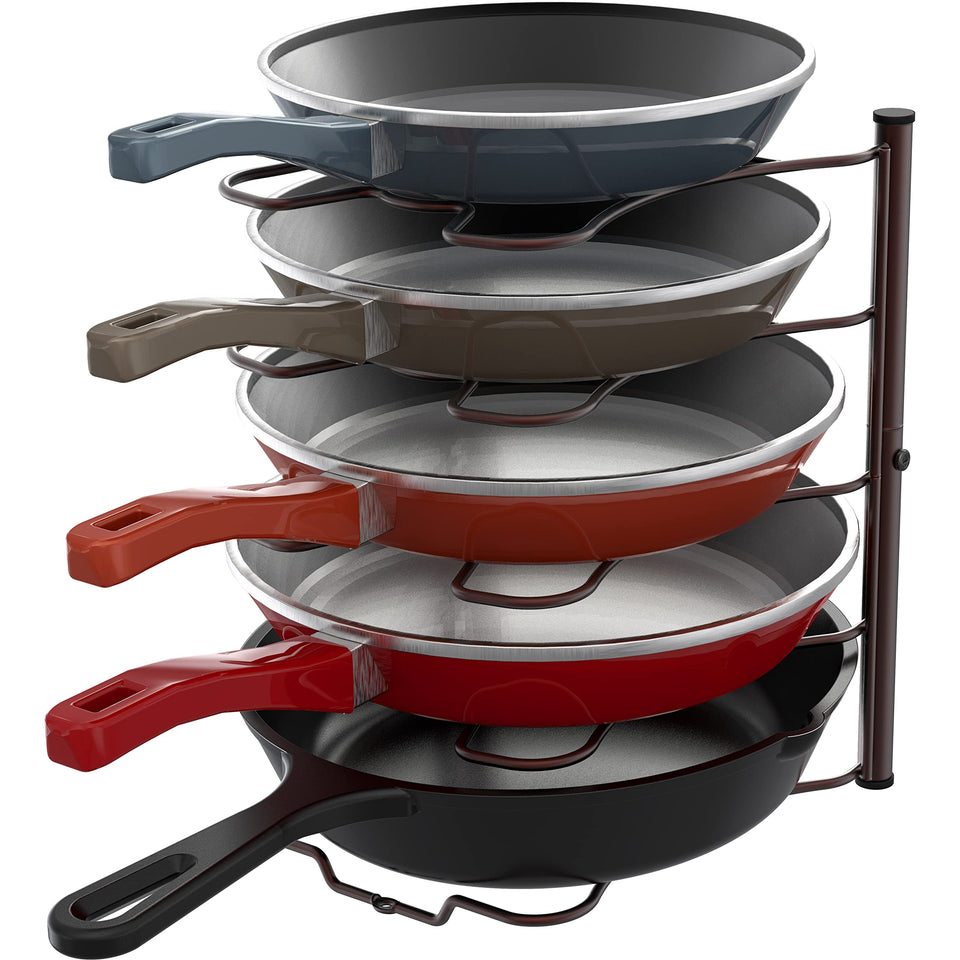 Simple Houseware bronze pan organizer rack front view saves cabinet space and keeps pans accessible.