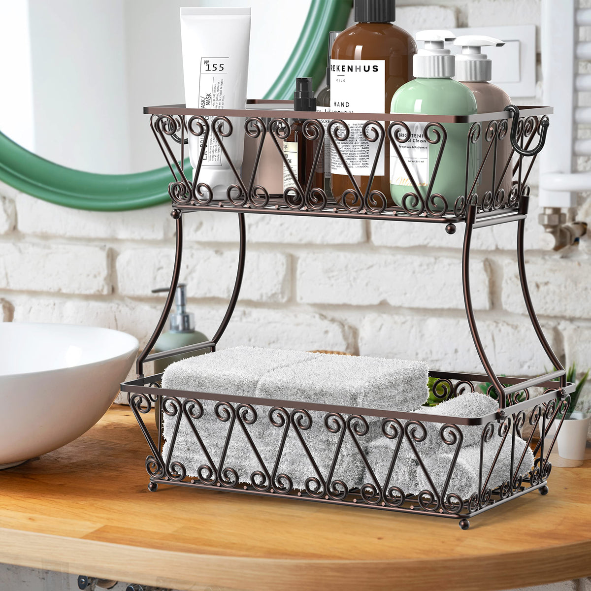 Simple Houseware bronze fruit bowl with bananas and apples neatly accessible