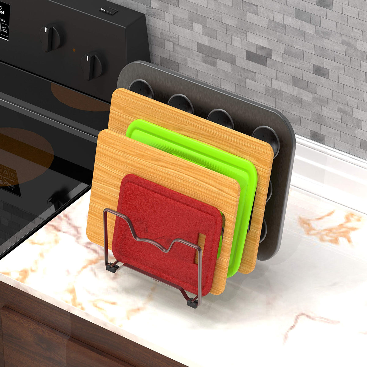 Simple Houseware bronze pantry rack reduces kitchen clutter.