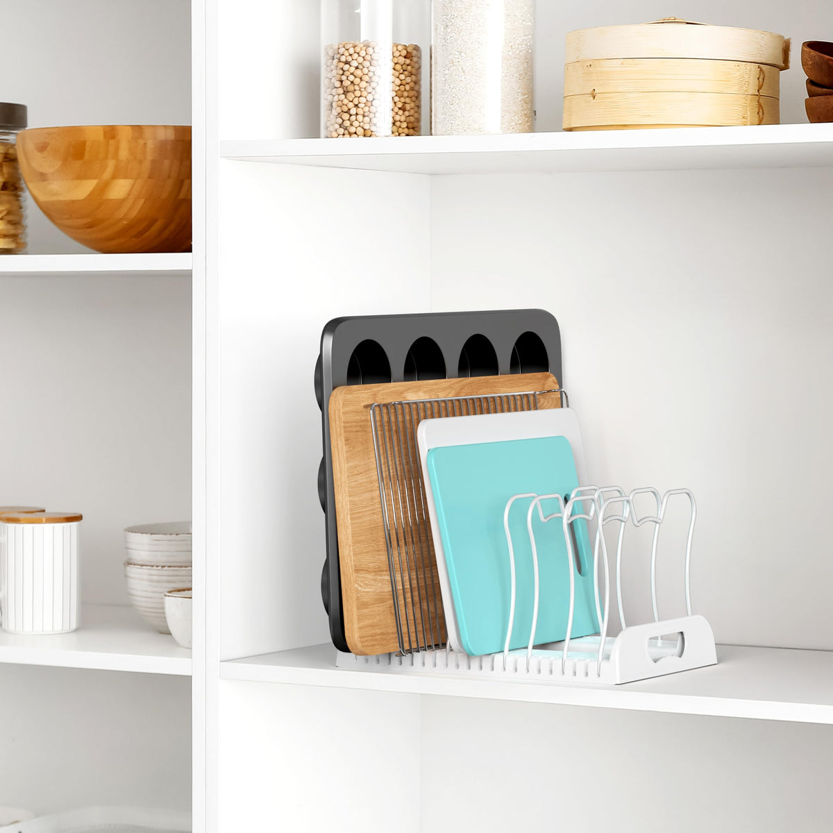 Simple Houseware cabinet storage keeps cookware organized and easy to find.